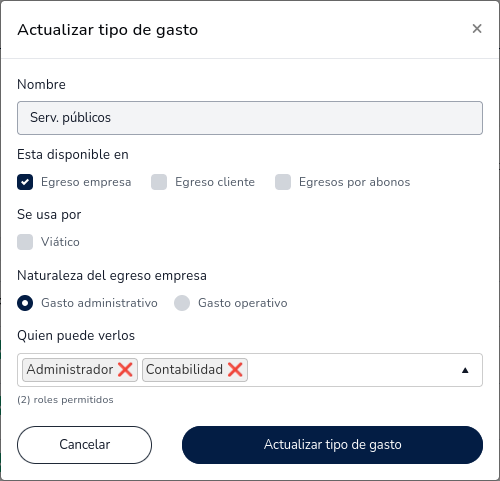 Formulario de creación/actualización de tipos de gastos