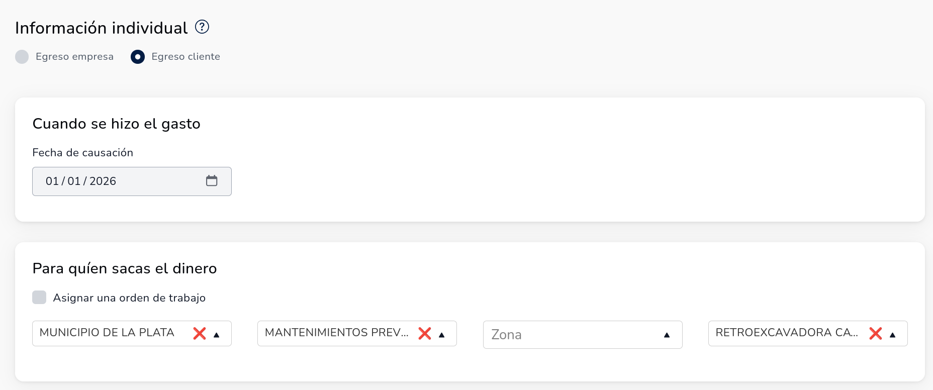Formulario de tipo de egreso cliente