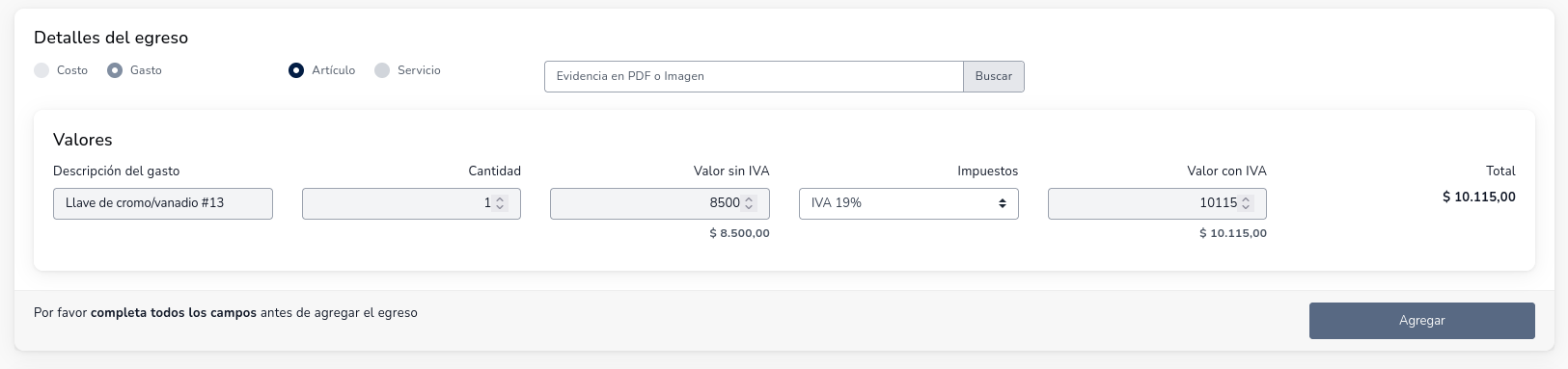Formulario con los valores del egreso