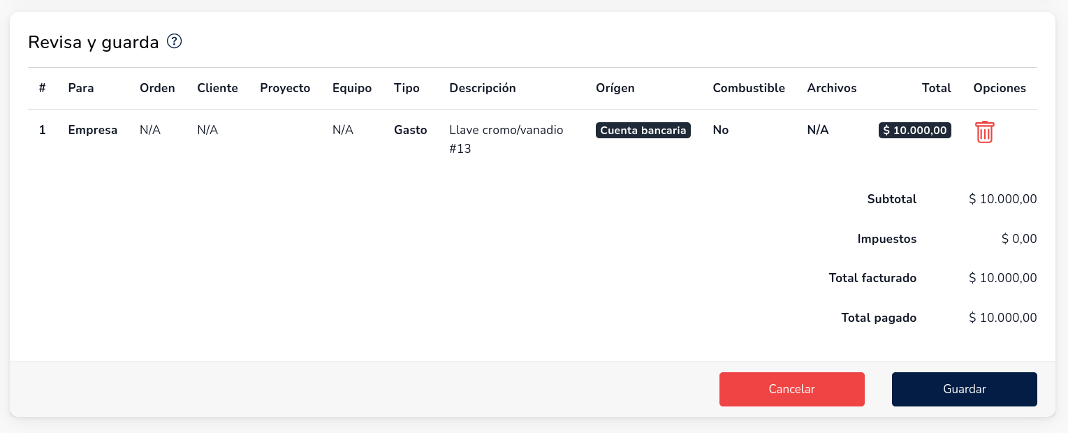 Resumen de creación de egresos